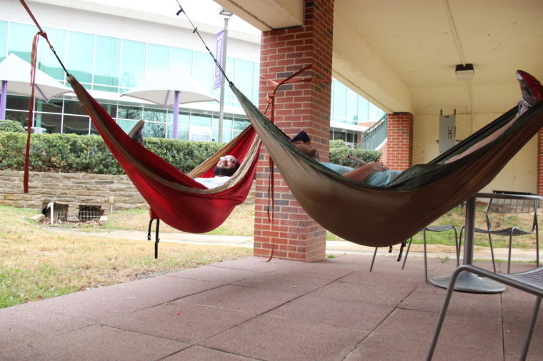 A group of Tarleton students enjoy hammocking and slack lining in various places across campus.