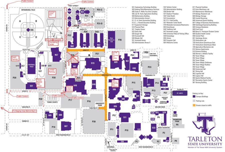 A map outlining the areas of campus that will be utilized during the disaster simulation. Students are asked to avoid these areas during the event.