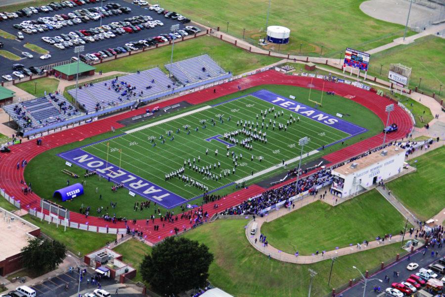 Aerial view of The Sound and The Fury during halftime at a Tarleton football game.