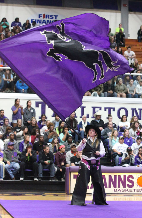 The current Texan Rider logo adorns the flag waved at Tarleton events.