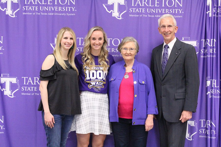 From left: Brittany Landreth, 1,000th enrolled student, Katie Billeaud, her grandmother, Sue Colclasure and President F. Dominic Dottavio