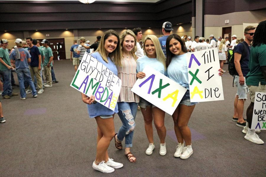 Cherrica Nolan, Taylor Kimbrell, Taylor Medlin and Allison Everidge showed up to support the mean of Lambda Chi Alphas on Bid Day.