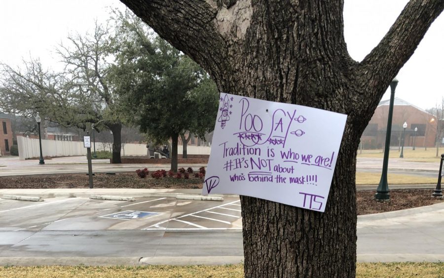 As tradition, the Purple Poo leave signs up for students to take after 8 a.m. This was a Poo sign hanging on a tree in Heritage Park before 8 a.m. on Feb. 26 showing how unhappy the Purple Poo were about people not respecting traditions.