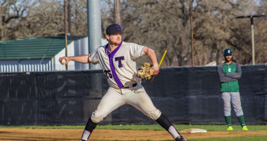 Connor Flanagan pitches at a home game during the Spring 2018 season. 
