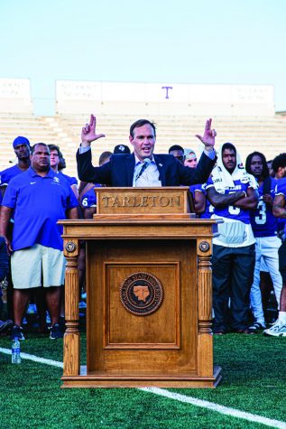 Dr. Hurley shows his Tarleton spirit during his address at grand opening of the Lonn Reisman Athletic Center at Memorial Stadium on Tuesday, August 20.