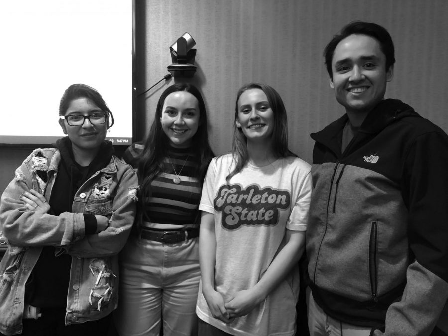 Members of Philosophy Club Narda Roman, Emily Moore, Kiley Kocian and Christian Botello. Each meeting the talk about the five branches of philosophy through educational discussions, presentations, group activities and guest speakers.