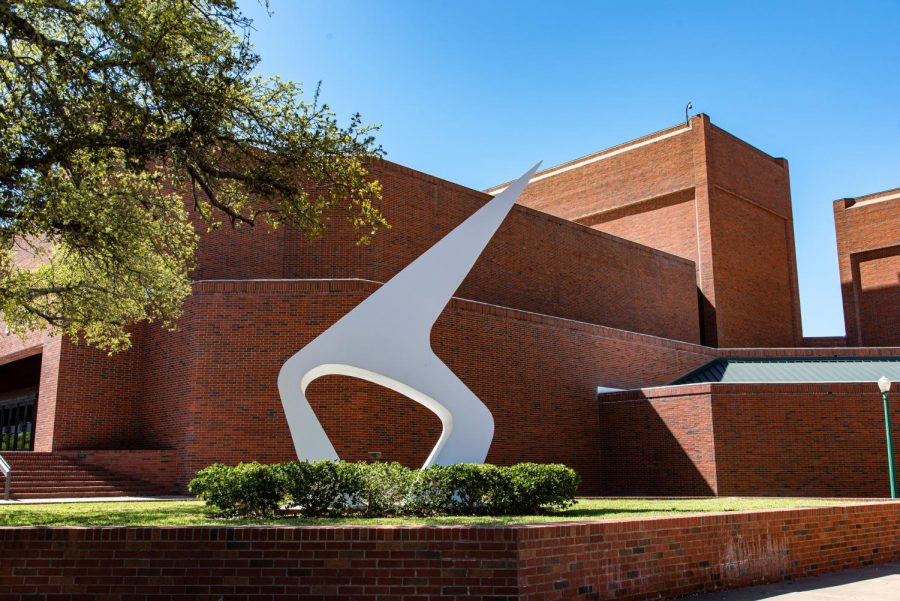The ULTRA statue located outside of the Clyde H. Wells Fine Arts building.