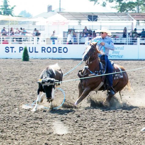 Paden Bray roping at the St. Paul Rodeo in 2019. Paden and his partner, Erich Rogers, came in first place for Aggregate Team Roping. 