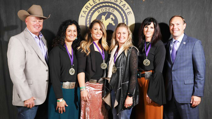 2019 Tarleton Rodeo Hall of Fame inductees Tessie Doyle, Jackie Hobbs-Crawford, Neelley Armes and Sarah Scott Verhelst with Coach Mark Eakin and President Dr. James Hurley.