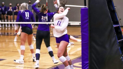 Lauren Kersey, right side, celebrating the Volleyball team’s win at the game on Feb. 25, against Texas Christian University.