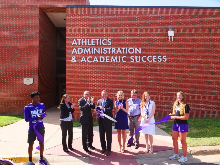 Dr.James Hurley, Tarleton State Universitys 16th president, cutting the ribbon at the grand opening of the new Athletics Academic Success Center on July 18, 2022. 